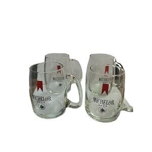 set Of 4 Michelob Beer 1896 Logo Glass Mug Cup Handle Thin Classy BARWARE Bar
